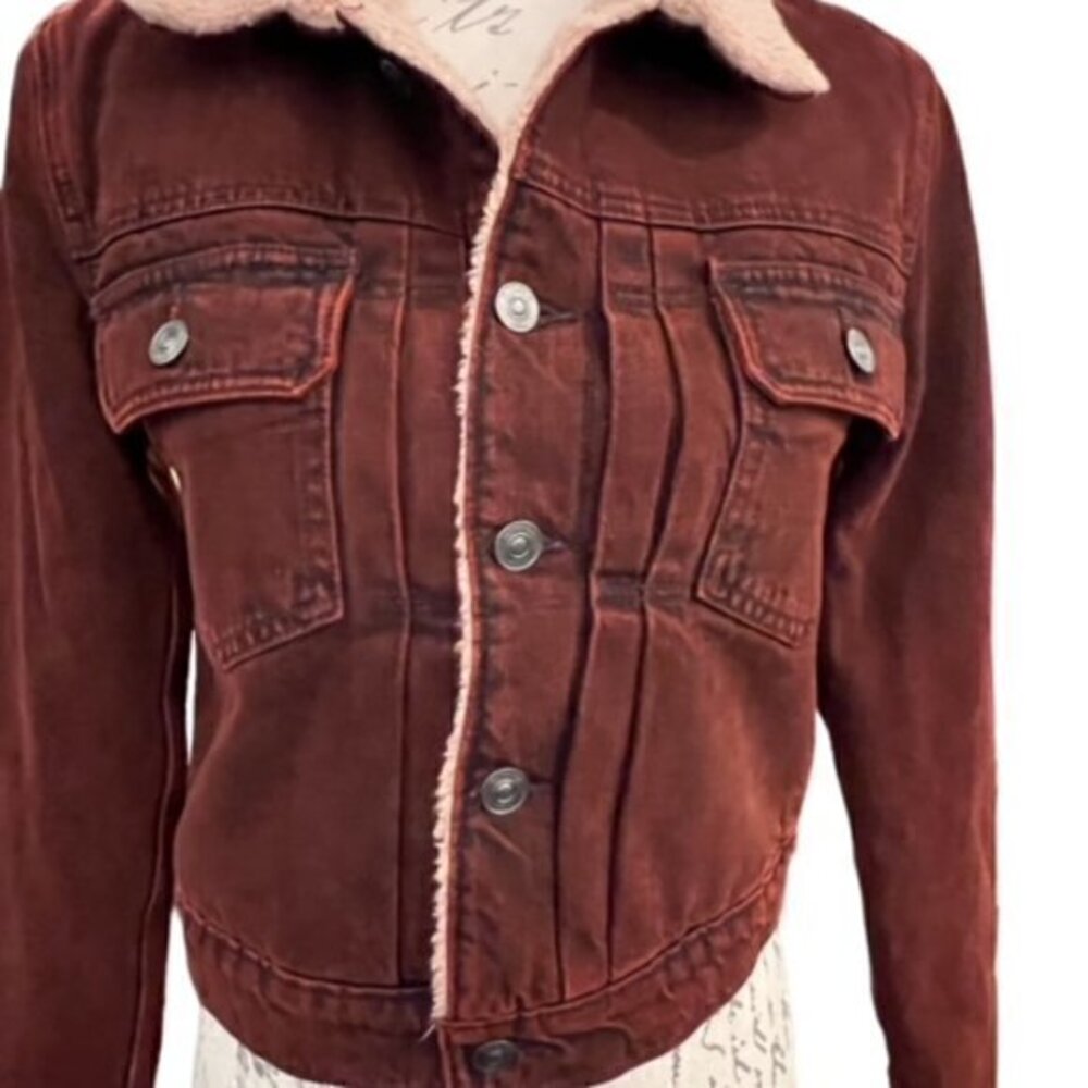 🎉PRICE REDUCED🎉 HUDSON Jeans Red Denim Trucker Jacket‎ Sherpa Size XS $295 NWT - Picture 6 of 15